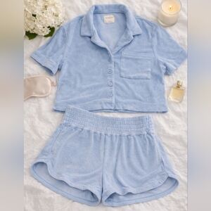 ABERCROMBIE AND FITCH Terry Cloth Button Up Short Sleeve AND Shorts Blue Size S